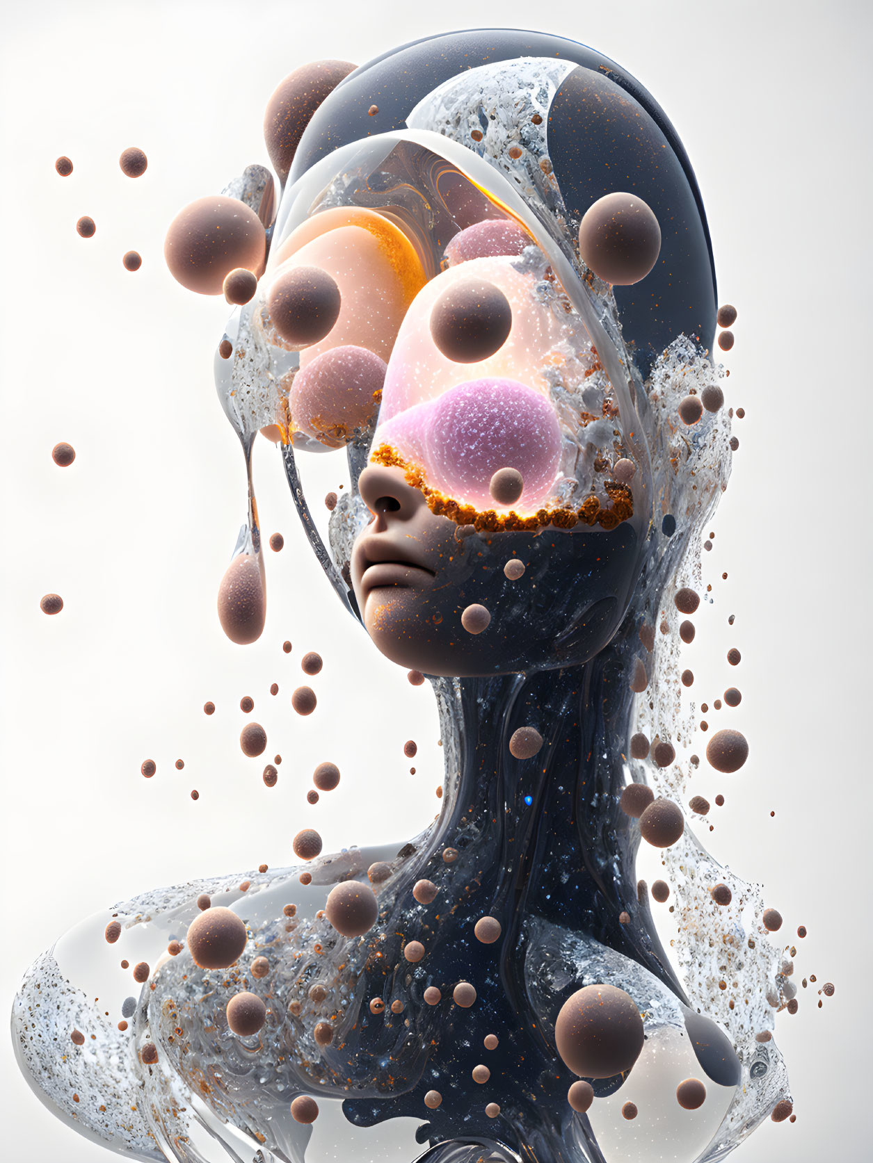 Surreal 3D humanoid figure with glossy surface and floating spheres