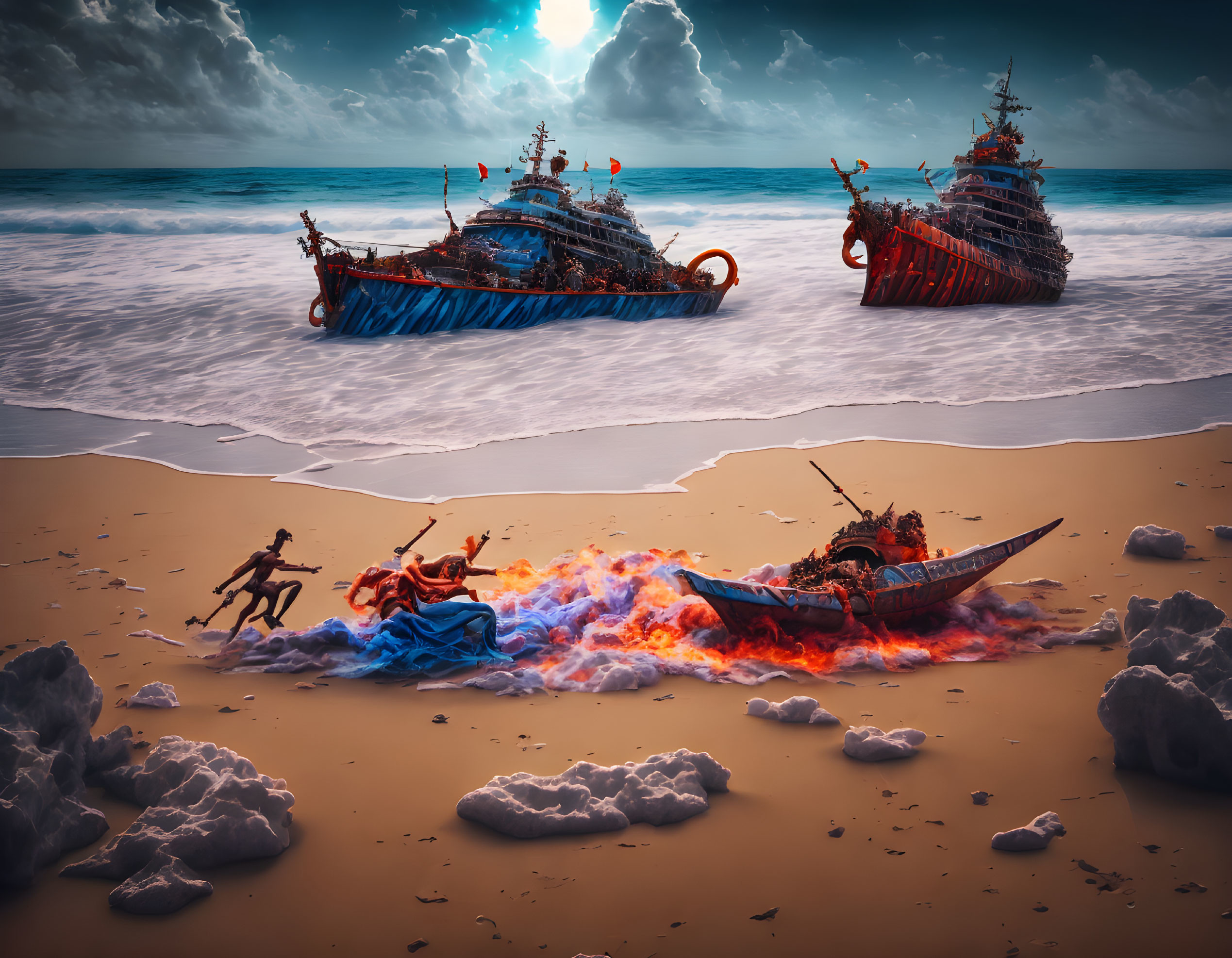 Ornate ships stranded on beach with warriors in fiery battle