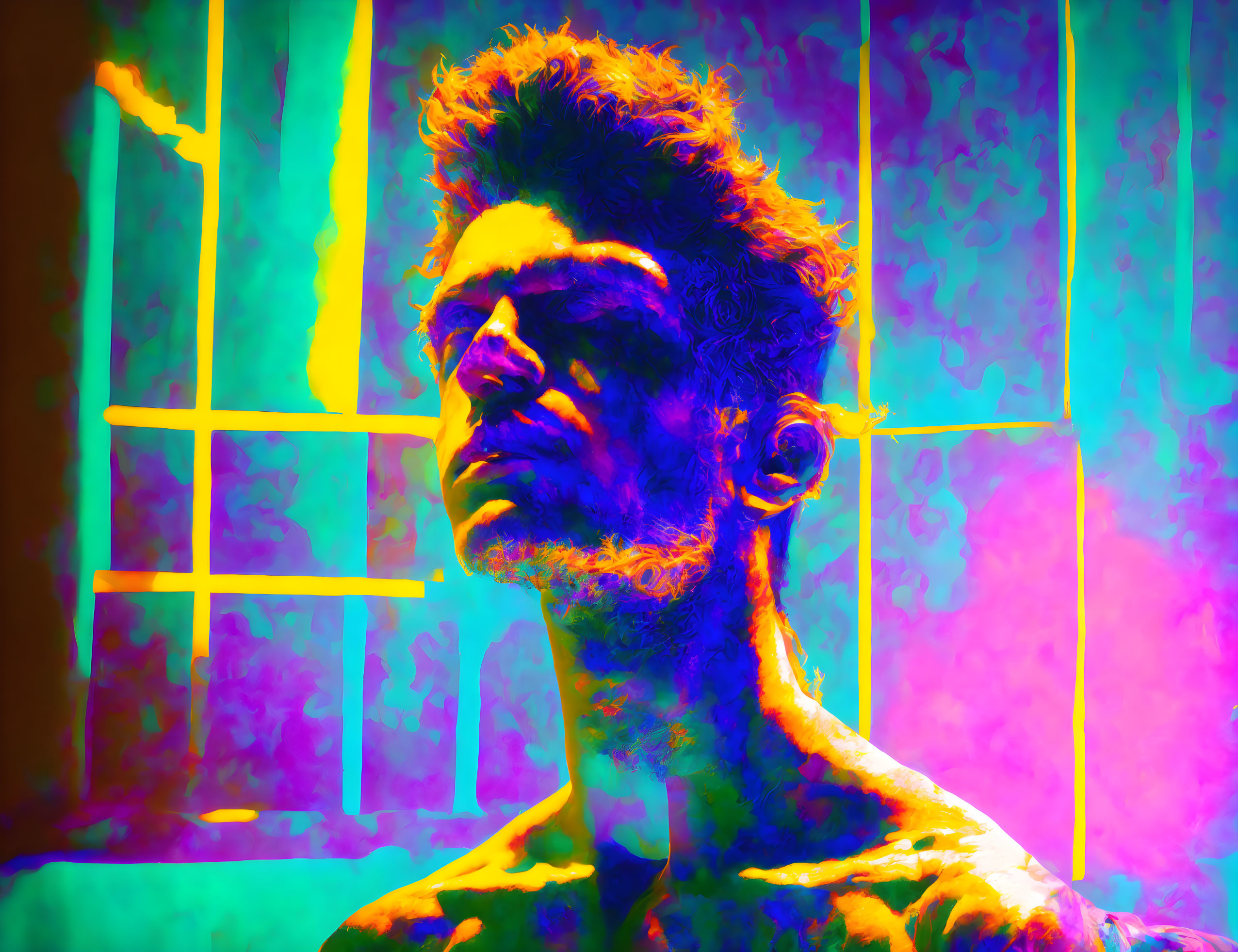 Colorful psychedelic portrait of a man with neon hues and window shadows