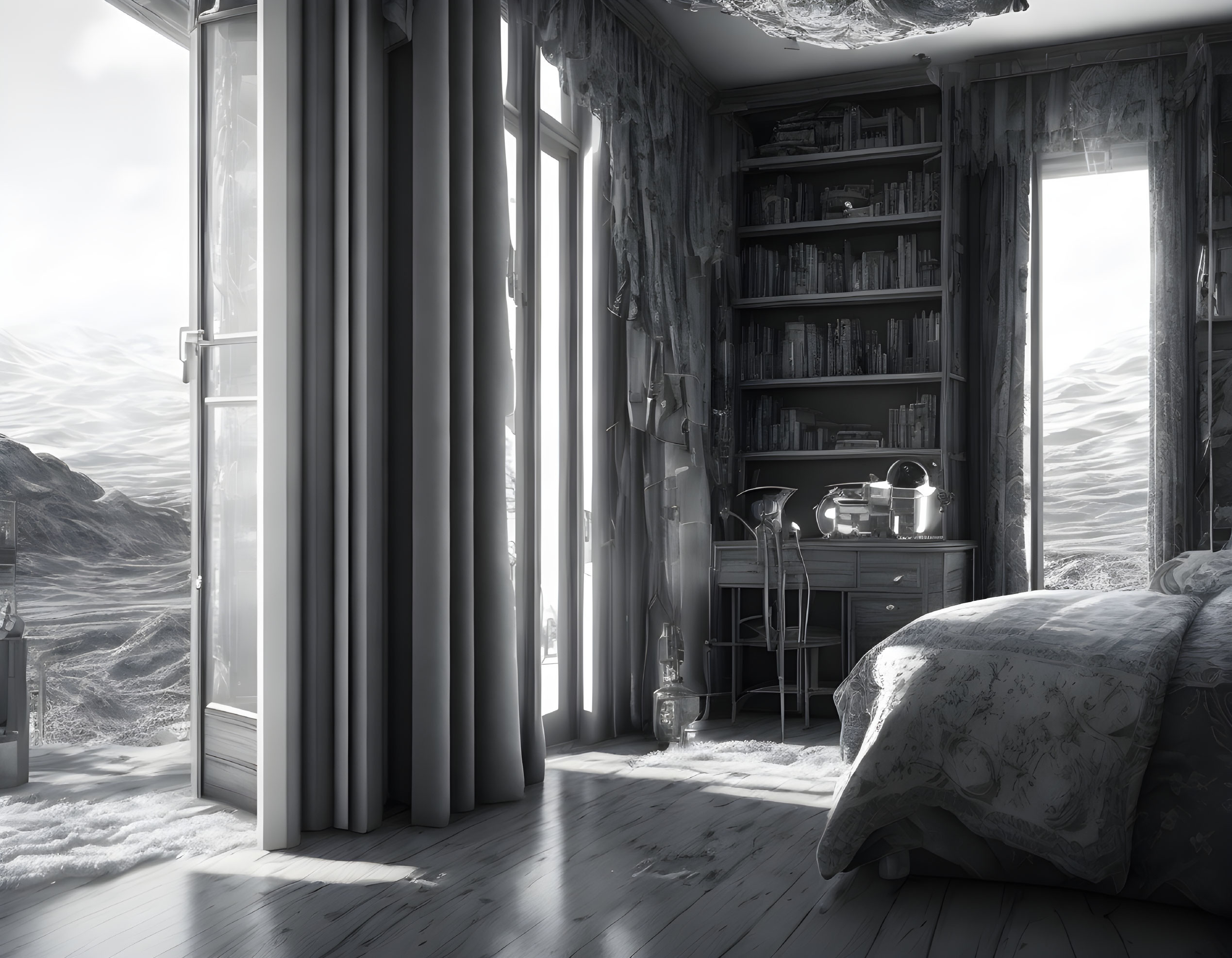 Tranquil monochrome bedroom with snowy landscape view from balcony door