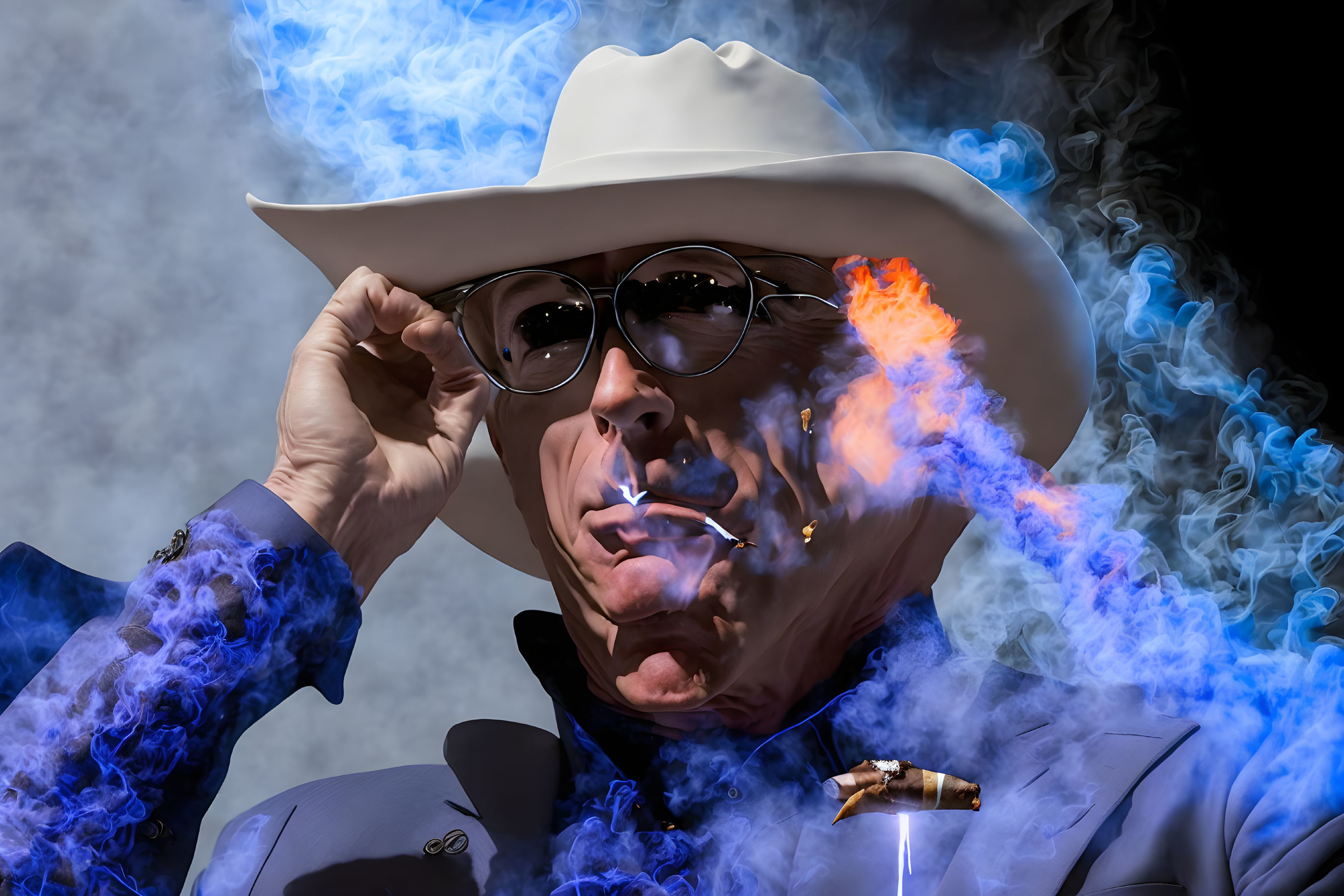 Man in sunglasses and white hat with lit cigar emitting blue smoke on dark background