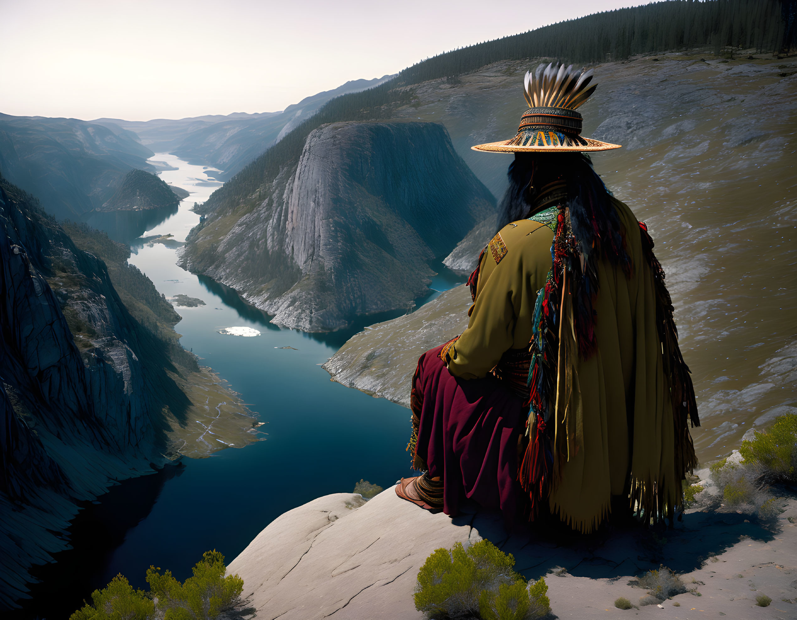 Indigenous person in traditional attire overlooking river in forested valley