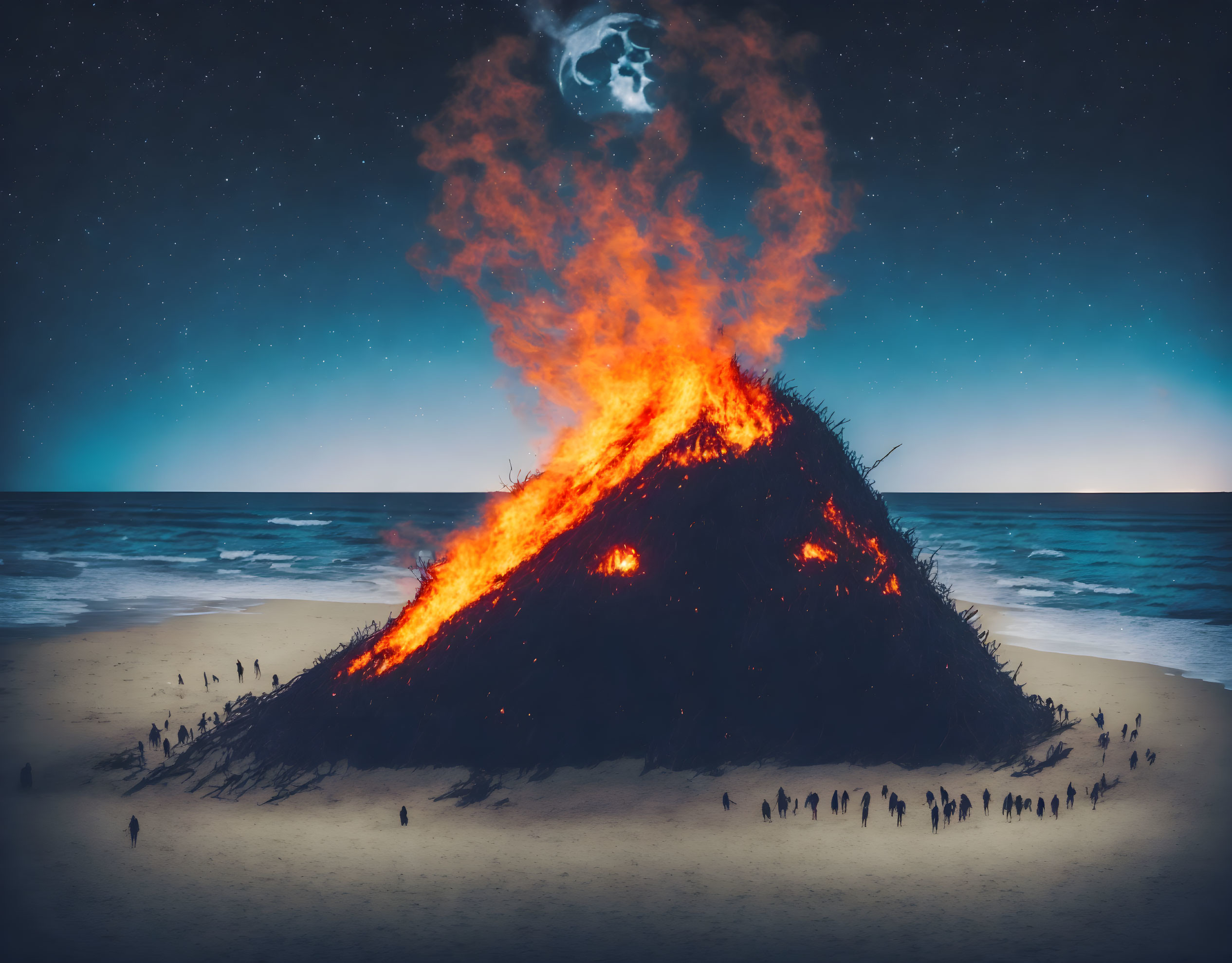 Moonlit beach bonfire illuminates serene coastal scene