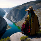 Indigenous person in traditional attire overlooking river in forested valley