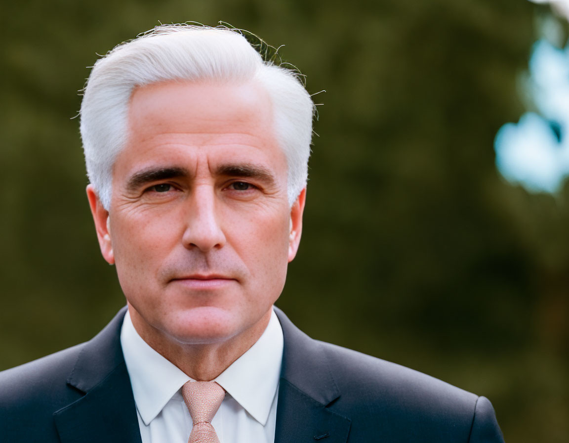 Silver-haired man in dark suit and beige tie, close-up portrait.