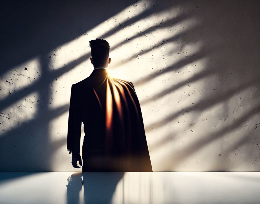 Silhouette of person with dramatic cape-like shadow in room