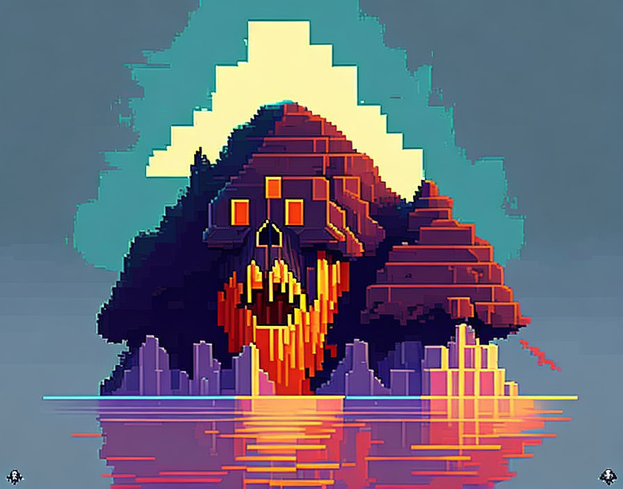 Surreal island pixel art with vibrant colors and reflective mountain