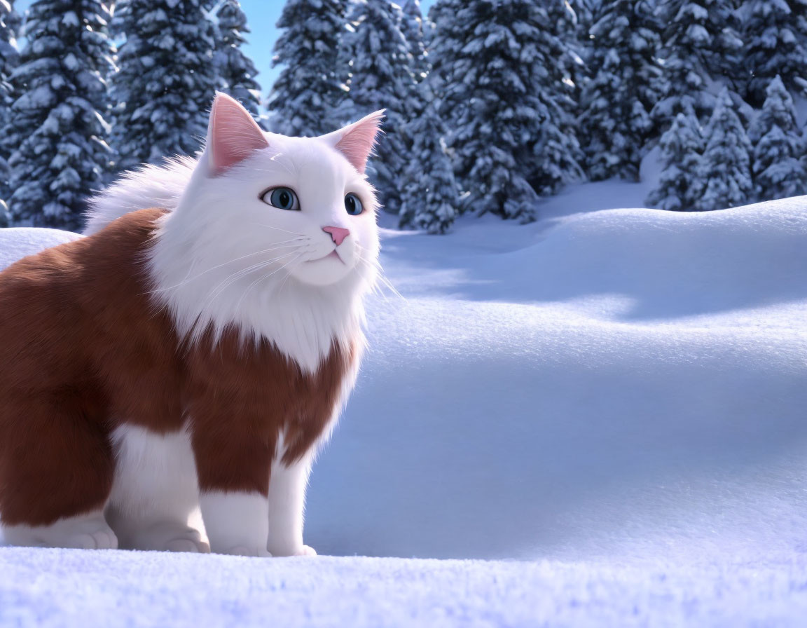 White and Ginger Cat with Blue Eyes in Snowy Landscape