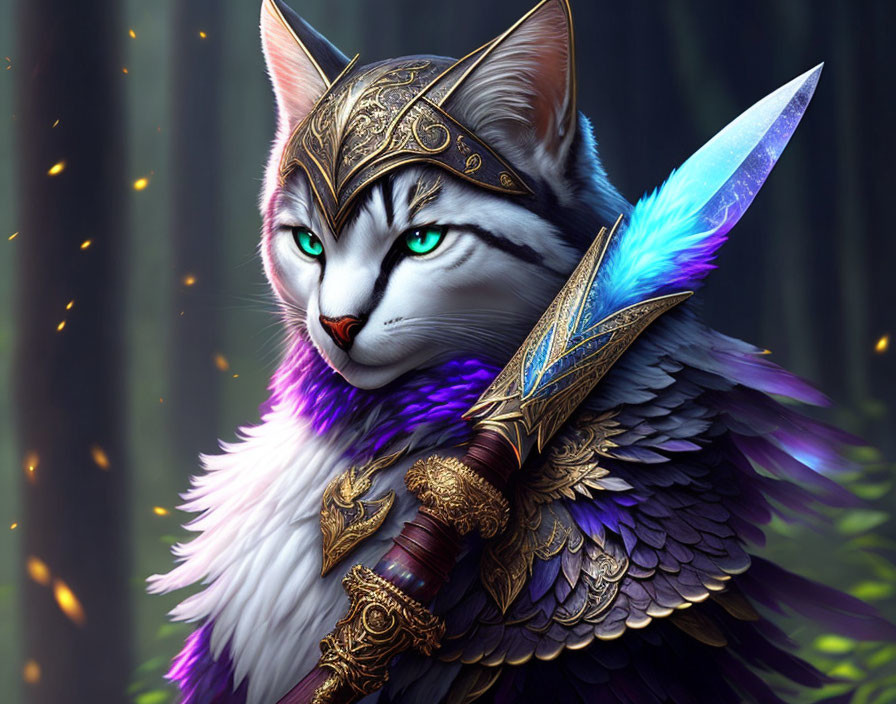 Regal fantasy cat in golden armor with green eyes and crystal spear