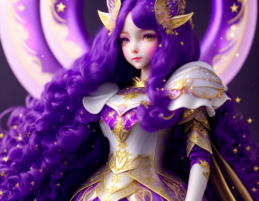 Fantasy character with purple hair, golden stars, white and purple outfit