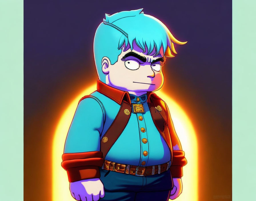 Blue-Haired Male Cartoon Character in Red Jacket and Scowl