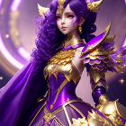 Fantasy character with purple hair, golden stars, white and purple outfit