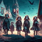 Eerie zombie children in dark village with ominous crows