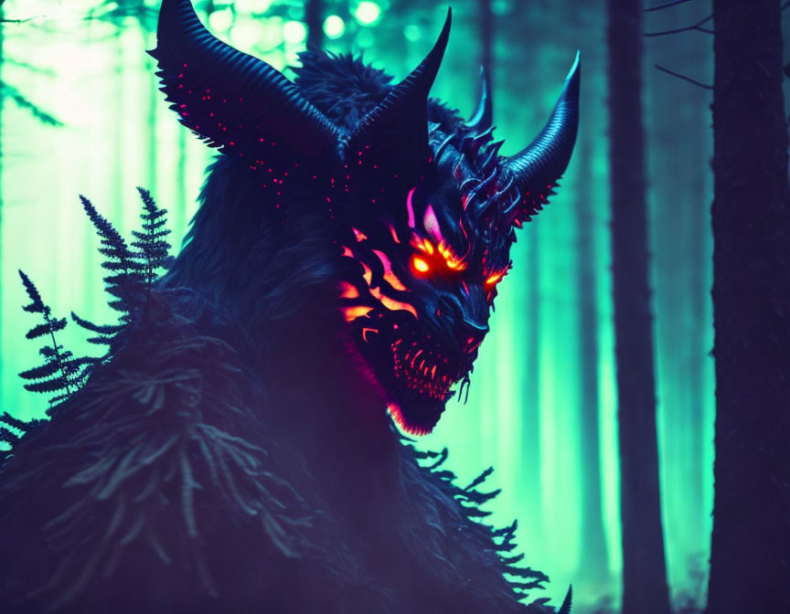 Menacing figure with glowing eyes and sharp horns in blue-tinted forest