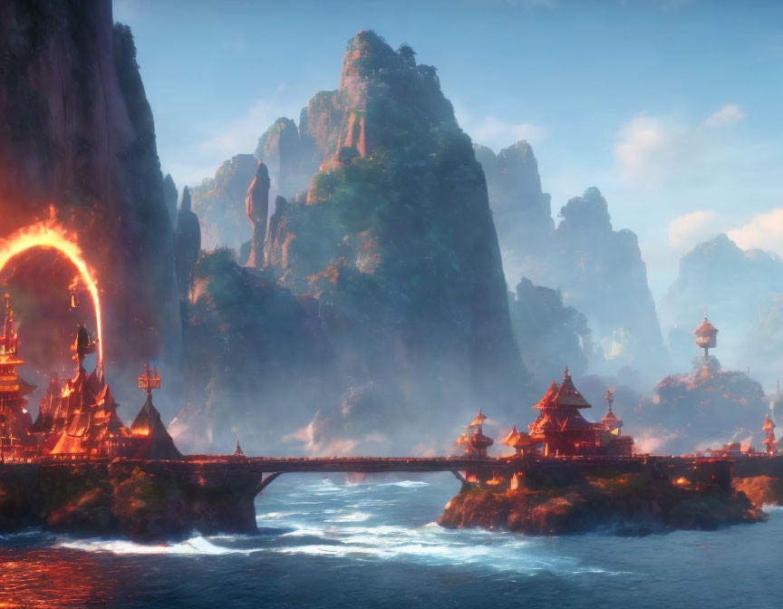 Vibrant Asian-style architecture on rock islands with mist and glowing portal