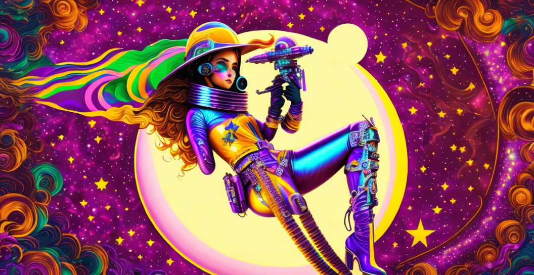 Colorful Woman in Space Suit with Ray Gun in Psychedelic Space Art