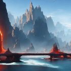 Vibrant Asian-style architecture on rock islands with mist and glowing portal