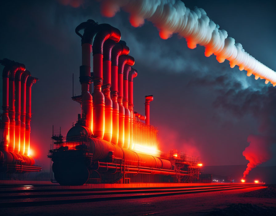 Nighttime industrial facility with illuminated pipes and smoke stacks emitting steam under a dark sky