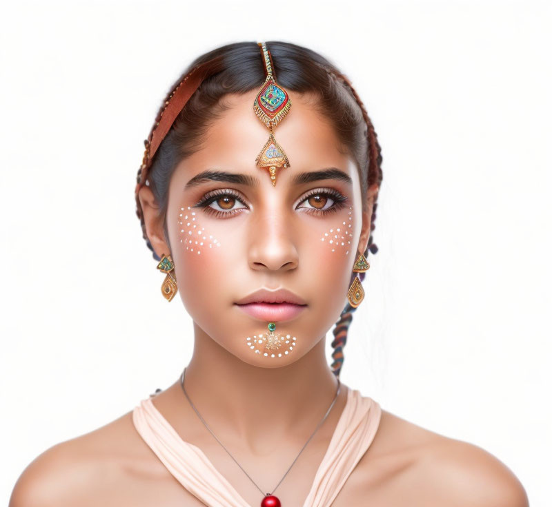 South Asian woman with traditional jewelry and bindi designs in peach outfit