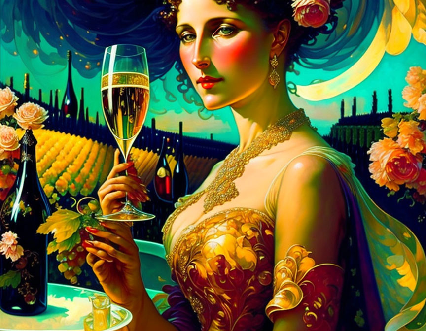 Illustrated woman in ornate dress with champagne glass in vineyard setting