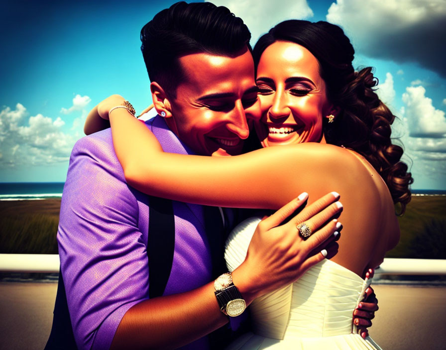 Smiling couple in lavender shirt and white dress at beach