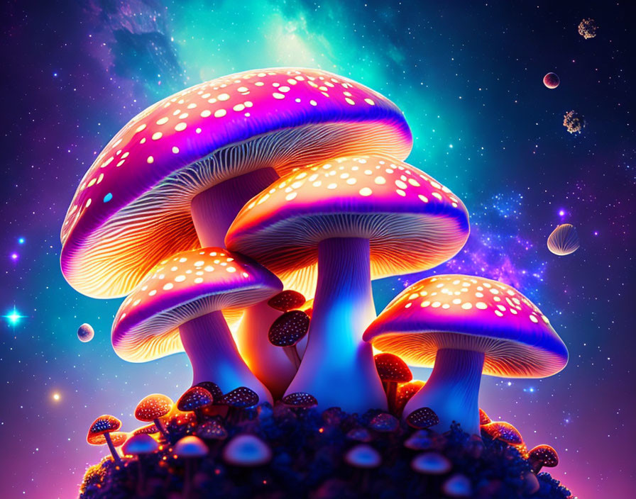 Colorful Neon Mushrooms in Cosmic Setting