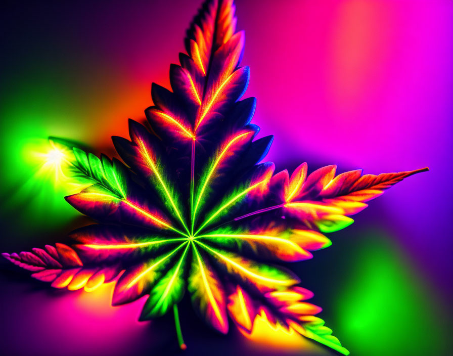 Colorful Neon Illuminated Cannabis Leaf Psychedelic Effect