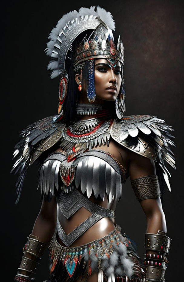 Elaborate warrior woman in feathered headdress and metallic armor