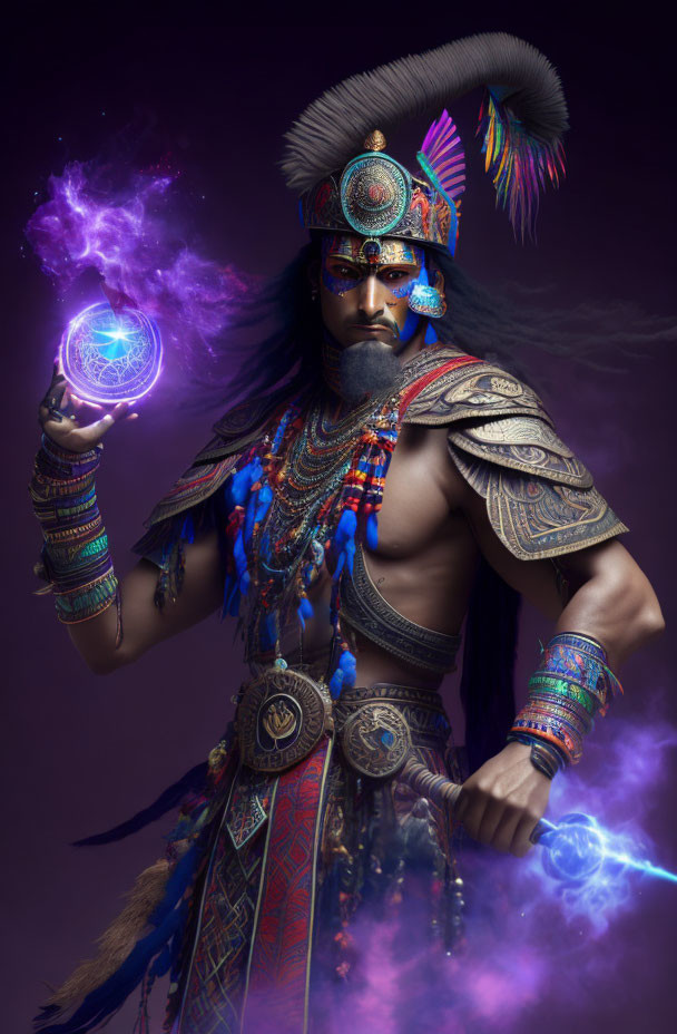 Mystical warrior in tribal attire with glowing purple orb and magical effects