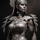 Elaborate warrior woman in feathered headdress and metallic armor