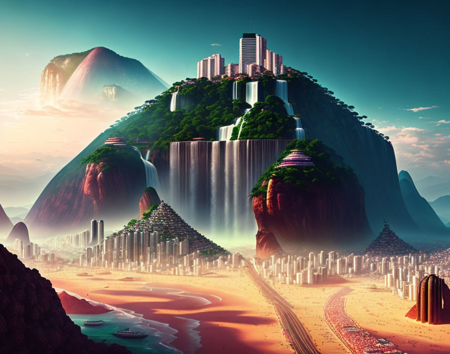 Fantastical landscape with city nestled in lush mountains under pink sky