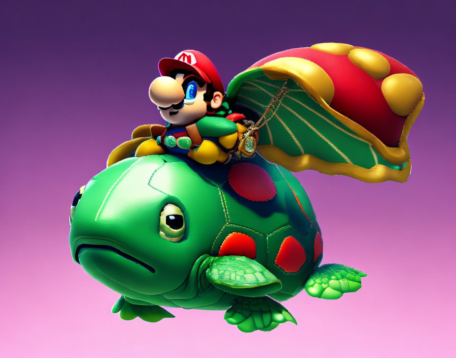 Video game character on green turtle-like creature in purple setting