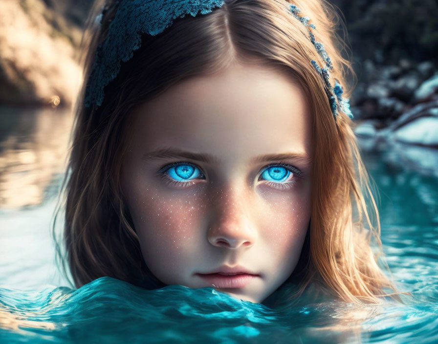 Young girl with striking blue eyes and headband emerges from clear water