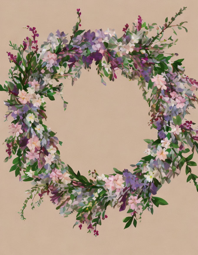 Circular Floral Wreath with Pink, Purple, White Flowers on Beige Background