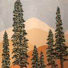 Snowy mountain and evergreen trees under golden sunlight