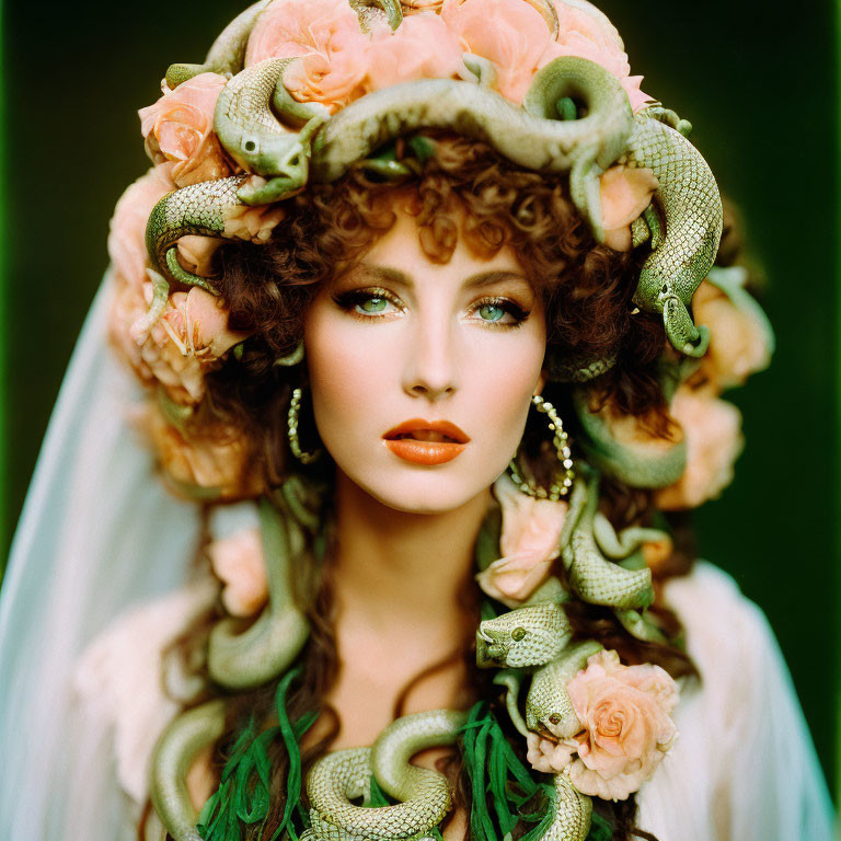 Curly-Haired Woman with Floral and Serpent Accents on Green Background