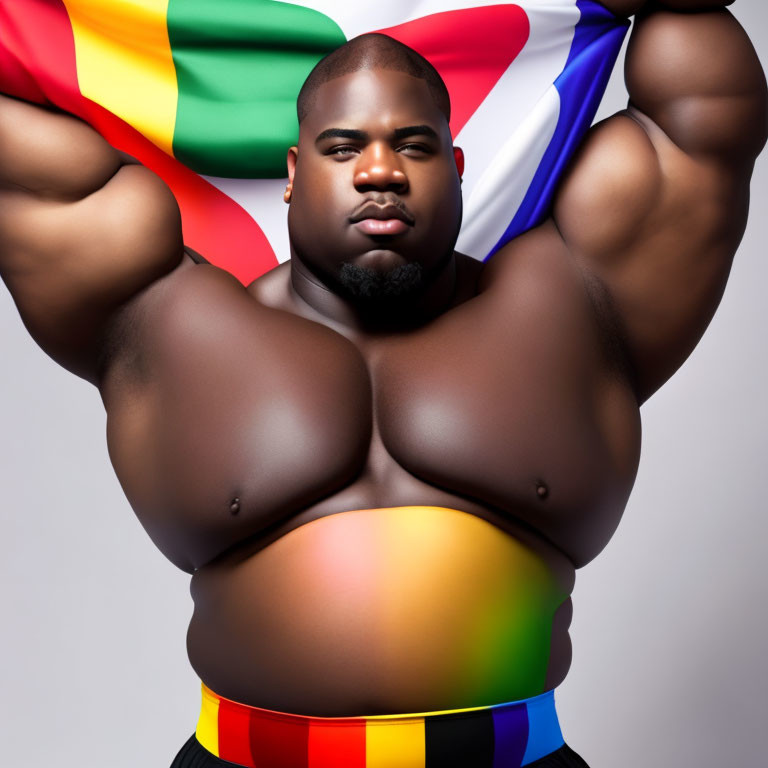 Muscular person posing with vibrant rainbow flag for pride.