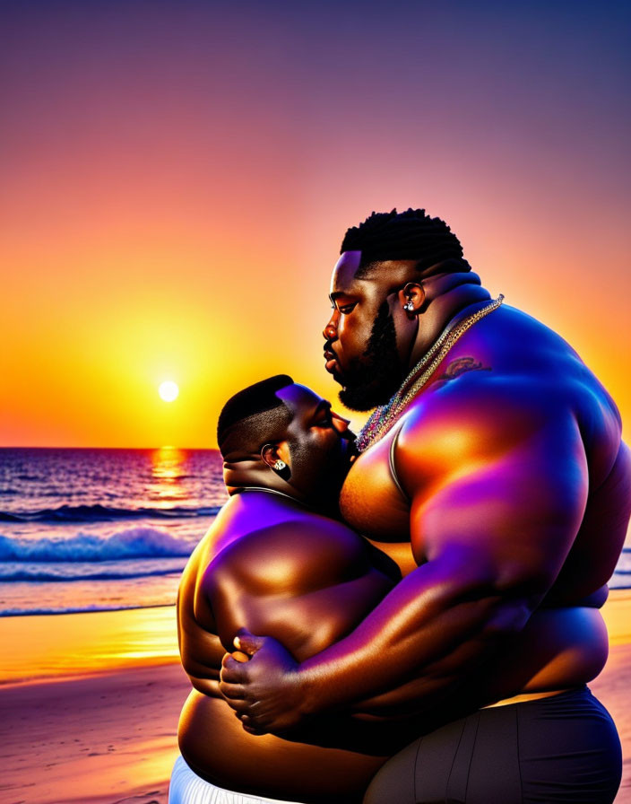 Muscular characters embracing on beach at sunset