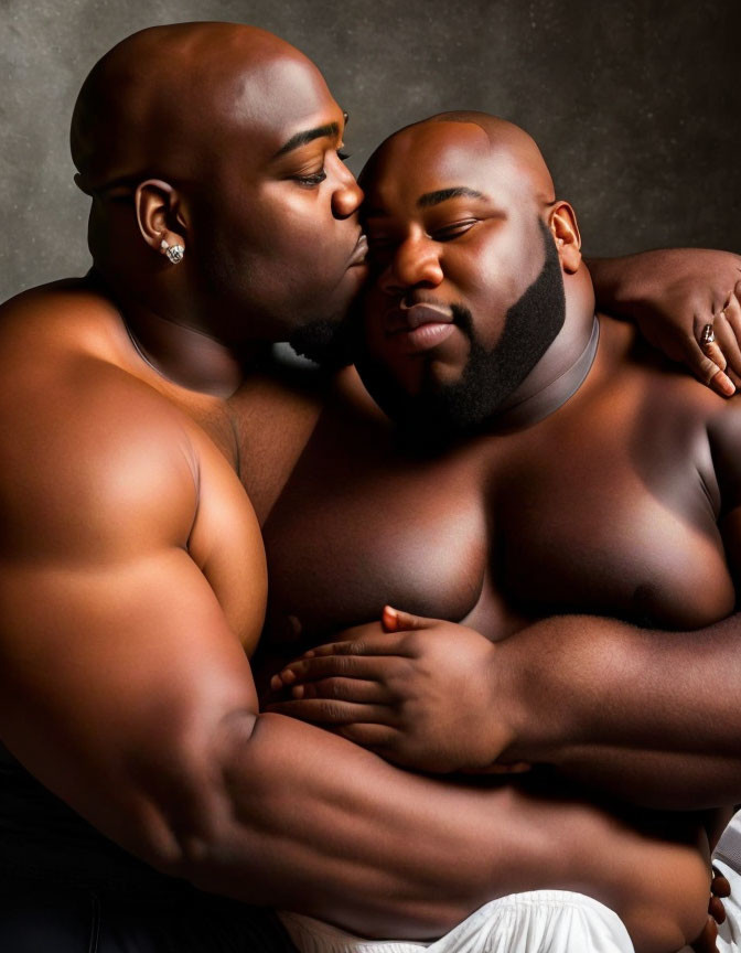 Muscular men in intimate embrace against dark background