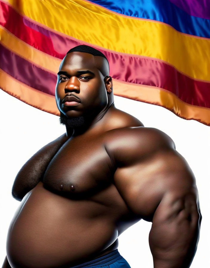 Shirtless person posing with colorful flag in background