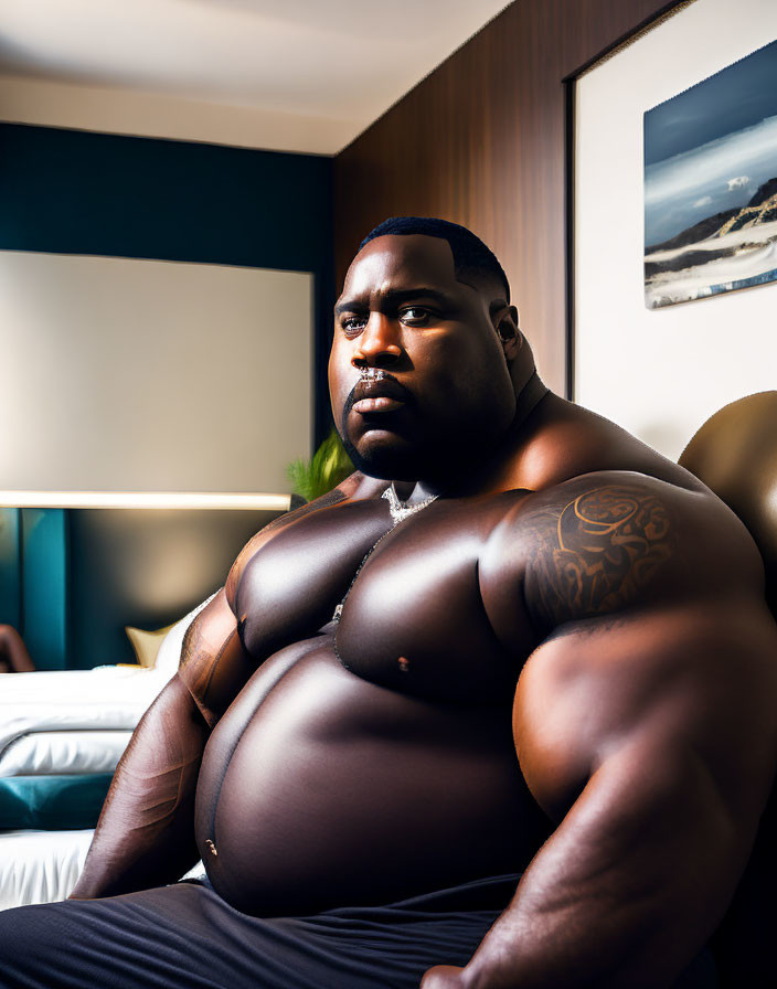 Muscular man with arm tattoo sitting on bed in room with beach photo