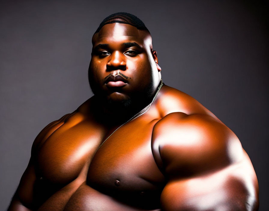 Muscular man with shaved head posing confidently against dark background.