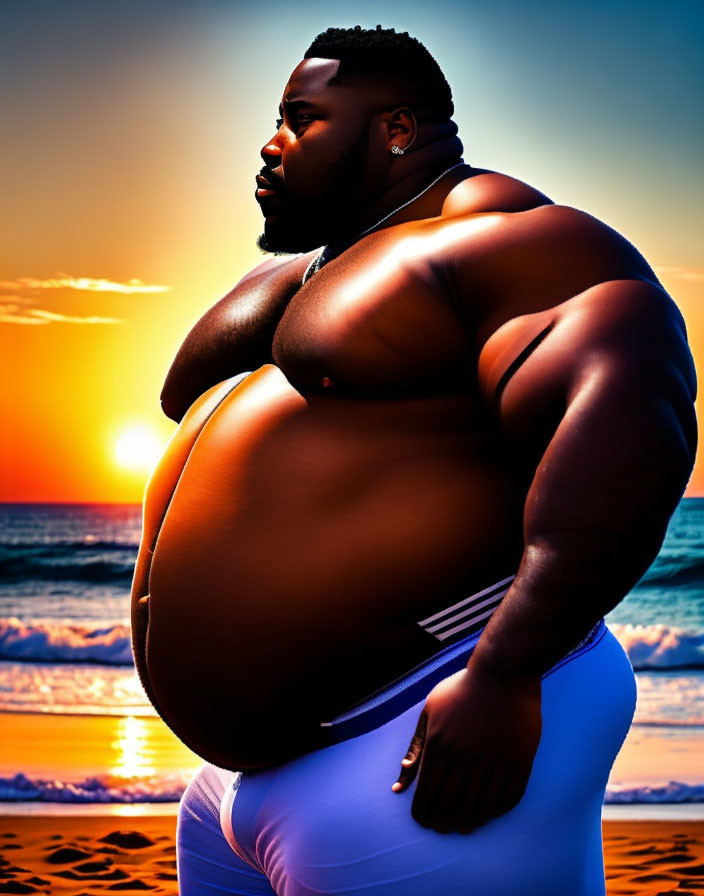 Muscular figure in white pants on beach at sunset