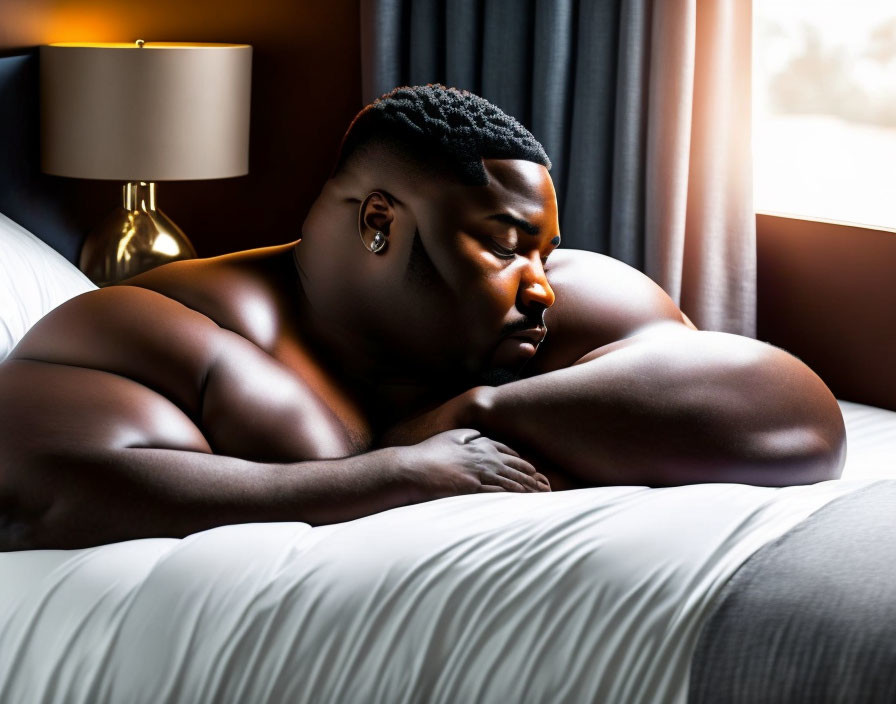 Shirtless man lying on white bed with dimly lit lamp