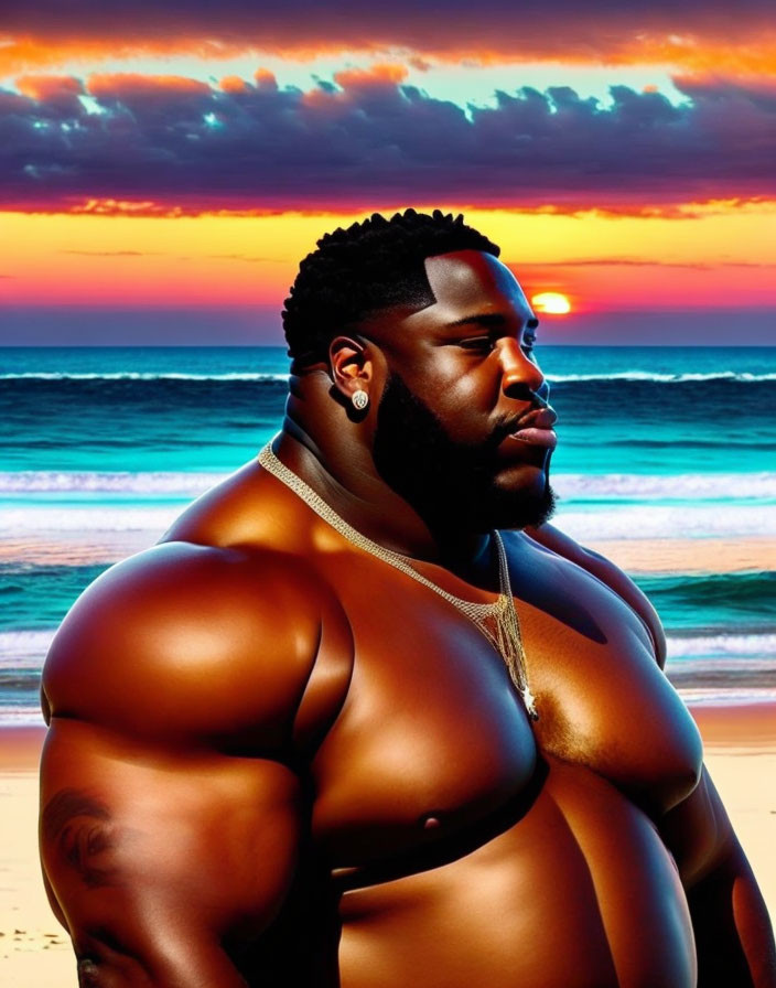 Muscular Man Posing on Beach at Sunset with Vibrant Skies