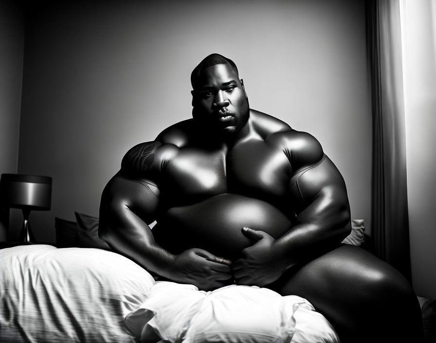 Muscular person in moody black-and-white portrait on bed