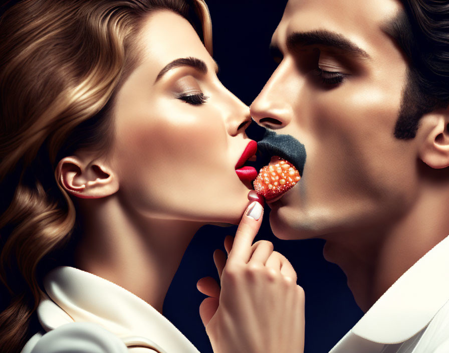 Close-Up Image of Two People Whispering with Vibrant Red Strawberry Between Their Lips