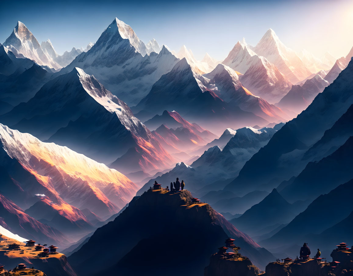 Group of People Admiring Snow-Capped Mountains at Sunrise or Sunset