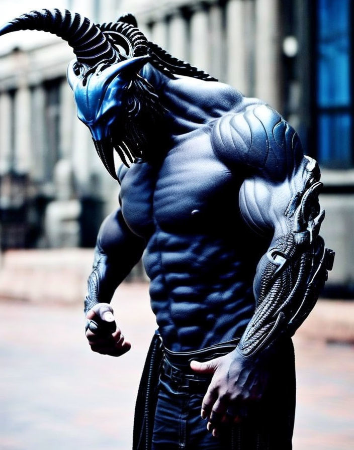 Detailed Dark Blue Alien Costume with Horns and Body Armor Against Urban Backdrop