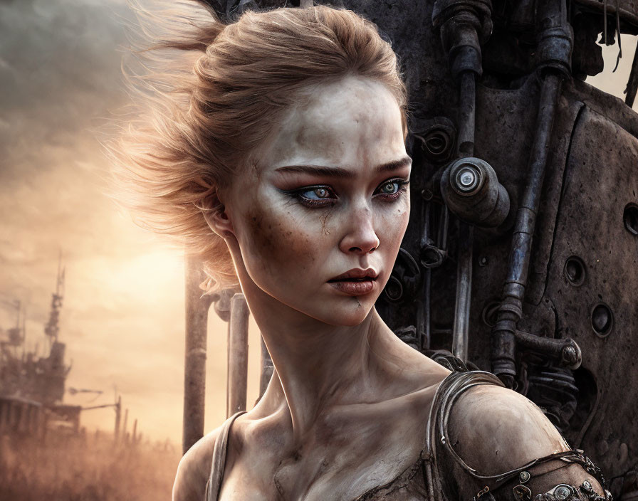 Digital artwork: Woman with windblown hair, intense gaze, and robotic arm in dystopian setting